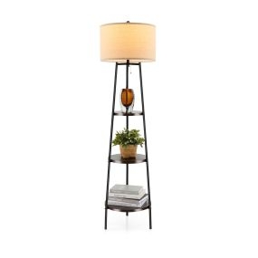 Lámpara de Pie con Repisa Lámpara de Pie con Estantes de Almacenamiento y Pantalla de Lino para Interiores Moderna Lámpara de Pie Marrón