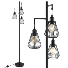 Lámpara de Pie Industrial de 168 cm Alta con 3 Pantallas de Jaula de Pájaros Interruptor de Pie y Base para Salón Dormitorio Oficina Negro
