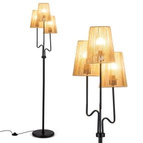 Lámpara de Pie 3 Luces con 3 Pantallas de Papel Tejido Boho Base Pesada Interruptor de Pie Bombillas E27 No Incluidas