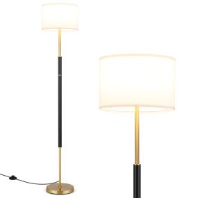 Lámpara de pie moderna con pantalla de lino, interruptor de pie, estructura metálica, casquillo E27, cable 2 m para dormitorio, salón y oficina