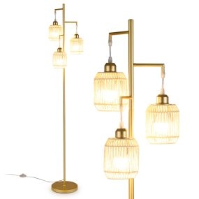 Lámpara de pie vintage de metal dorado con 3 luces y pantalla de papel tejida 25x25x173 cm