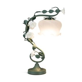 Lámpara de Mesa para Cabecera Lámpara Vintage para Mesita de Noche con Pantalla de Cristal de Muguete 6 Rosas de Cerámica y Hojas Verde