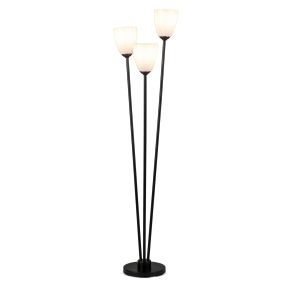 Lámpara de pie negra de tres luces con estructura metálica, pantallas de acrílico e interruptor de pedal