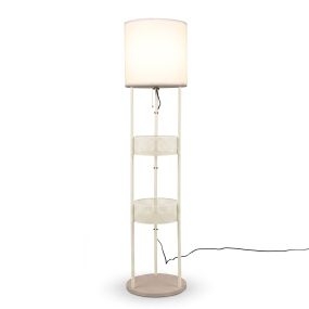 Lámpara de pie 2 en 1 con estantes, luz cálida, pantalla de lino, metal blanco, 36 x 36 x 158 cm