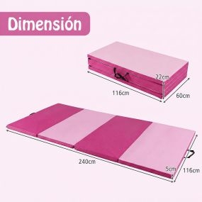 Colchoneta de gimnasia plegable con asa, 240 x 116 x 5 cm, rosa