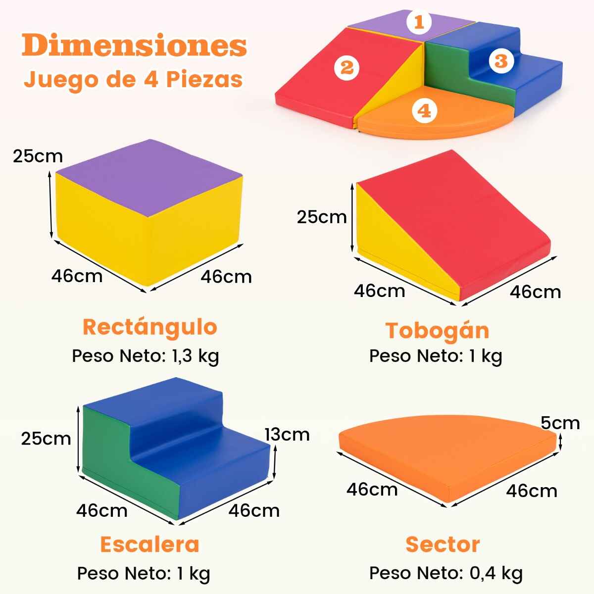 Juego de Bloques de Espuma 4 Piezas con Velcro para Escalar y Gatear para Bebés Estructuras de Bloques Suaves Juego Activo Naranja