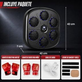 Máquina de Boxeo Musical de Pared con 6 Zonas de Golpeo Luces LED y Conteo Incluye Guantes para Adultos y Niños 42 x 7 x 42 cm Negro