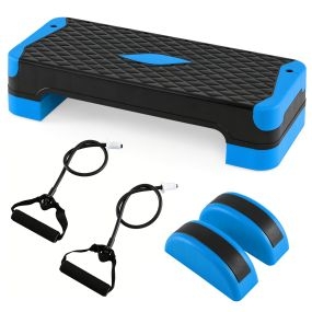 Plataforma Step ajustable 3 en 1 con 2 elevadores, 2 equilibradores y 2 bandas elásticas antideslizante azul