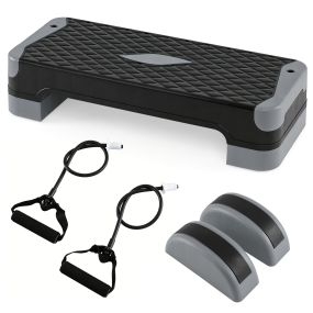 Plataforma step 3 en 1 ajustable con 2 elevadores, 2 equilibradores y 2 bandas elásticas antideslizante gris