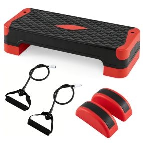 Plataforma Step 3 en 1 ajustable con 2 elevadores, 2 equilibradores y 2 bandas elásticas antideslizante rojo