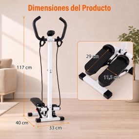 Máquina de steps compacta con bandas elásticas, monitor electrónico, acero, 75 kg, negro y blanco, 40 x 33 x 117 cm