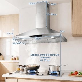 Campana extractora de pared 90 cm con control táctil e iluminación LED, 8 niveles, acero inoxidable plateado