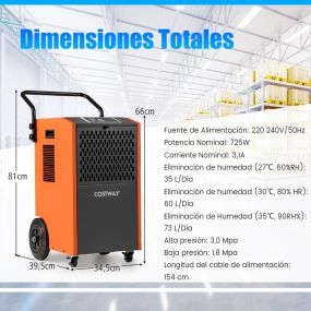 Deshumidificador comercial 73 L/día con manguera de drenaje y temporizador hasta 695 ㎡ naranja