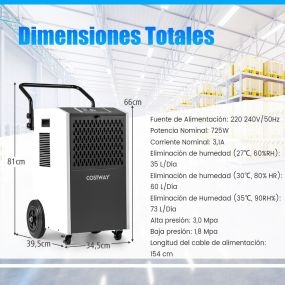 Deshumidificador comercial 73 L/día con manguera de drenaje y temporizador hasta 695 m² blanco