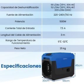 Deshumidificador Comercial de 66L con Bomba Deshumidificador Portátil con Manguera de Drenaje para Sótanos Hogares Restauración Azul