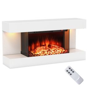 Chimenea Eléctrica de Pared 32″ con Estante Flotante Luces LED 12 Colores de Llama y Protección contra Sobrecalentamiento Blanco