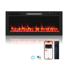 Chimenea Eléctrica de 42" Compatible con Alexa y Google Assistant Calefactor Empotrado o de Pared de 750W/1500W con APP y Control Negro