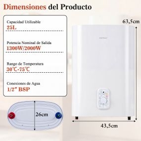 Calentador de Agua Eléctrico 25L con Potencia 1300/2000W Temperatura 30-75℃ Elemento Seco Válvula Seguridad Instalación Vertical/Horizontal