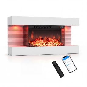 Chimenea Eléctrica de Pared Vista por Tres Lados Potencia de 750 W y 1500 W con Control WiFi y Mando a Distancia 82 x 20,6 x 41,8 cm Blanco