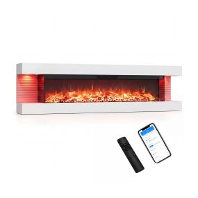 Chimenea Eléctrica de Pared 60 Pulgadas Tres Caras con Temporizador Efecto Llama Calefacción Dos Niveles 152,4 x 20,6 x 41,8 cm Blanco