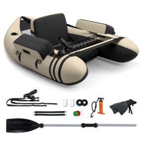 Barco de pesca portátil inflable con bomba, correas ajustables, bolsillos, carga 150 kg, beige
