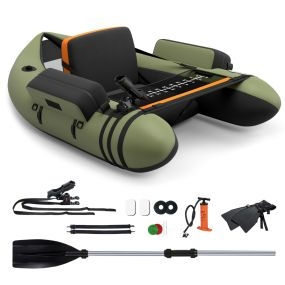 Barco de pesca portátil inflable con bomba, correas ajustables y bolsillos, carga 150 kg, verde
