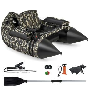 Tubo flotador inflable de pesca con aletas, regla, soporte para caña, bolsillos, bomba, respaldo ajustable, carga 150 kg, camuflaje