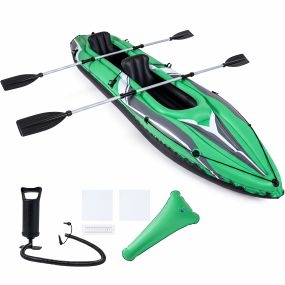 Kayak hinchable para 2 personas con remos de aluminio, asientos y reposapiés inflables, bomba manual, 160 kg, verde