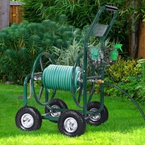 Carro Portamangueras Metal Carrito de Manguera de Jardín Reigo Soporte de Manguera Verde 96 x 62 x 113cm