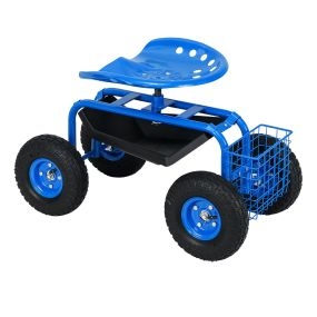 Asiento de Trabajo de Jardinería Carro de Trabajo con Ruedas Altura Ajustable Asiento Giratorio de 360° Cesta de Almacenamiento Azul