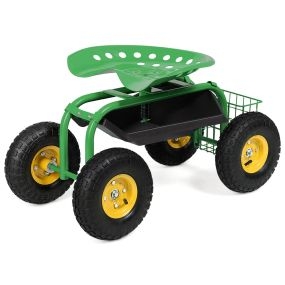 Asiento de Trabajo de Jardinería Carro de Trabajo con Ruedas Altura Ajustable Asiento Giratorio de 360° Cesta de Almacenamiento Verde