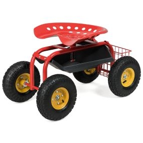 Asiento de Trabajo de Jardinería Carro de Trabajo con Ruedas Altura Ajustable Asiento Giratorio de 360° Cesta de Almacenamiento Rojo
