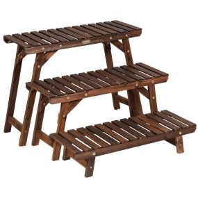 Estante escalera angular de madera natural con 3 niveles para plantas, jardín, patio y balcón