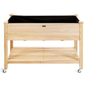 Cama de jardín elevada de madera con ruedas bloqueables, estante y forro protector natural