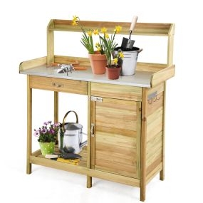 Mesa de Jardinería Banco de Trabajo para Plantas con Cajón Estante Abierto y 3 Ganchos Banco de Jardinería de Madera para Exterior Jardín