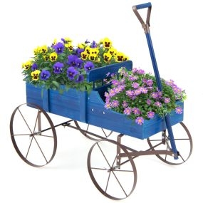 Carrito de madera maceta decorativa con ruedas y 2 secciones para plantas azul 62 x 34 x 60 cm