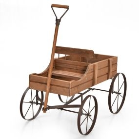 Carrito de madera maceta decorativa con ruedas y 2 secciones para plantas, nuez, 62 x 34 x 60 cm