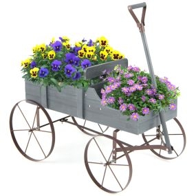 Carrito de madera maceta decorativa con ruedas y 2 secciones gris 62 x 34 x 60 cm