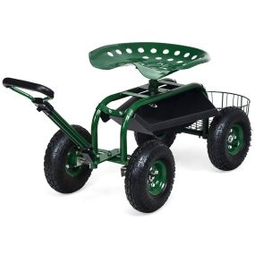 Carro Orientable para Jardín de 54,5 cm con Asa Extensible Cesta de Almacenamiento Asiento Ajustable 2 Bandejas de Herramientas Verde
