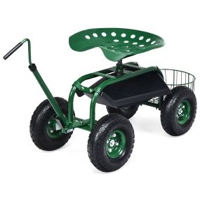 Carro Orientable para Jardín de 55,5 cm con Asa Extensible Cesta de Almacenamiento Asiento Ajustable 2 Bandejas de Herramientas Verde