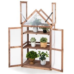 Mini Invernadero 3 Niveles de Jardín de Madera Abeto Techo Tapa Abatible Estante Elevado para Plantas Patio Balcón 71 x 41 x 133 cm Marrón