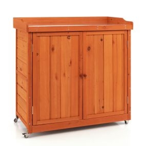 Armario de Madera de Exterior Caseta de Jardín con Estante Extraíble 4 Ruedas Universales Estación de Trabajo 98,5 x 48 x 100 cm Natural