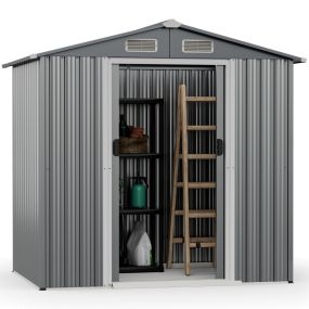 196 x 142 cm Cobertizo de Almacenamiento para Exteriores con 4 Ventilaciones Puertas Rampa Guantes Organizador de Herramientas Gris