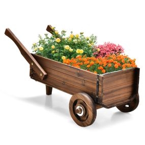 Carretilla de jardín de madera para flores con ruedas y drenaje 81 x 40 x 38,5 cm marrón