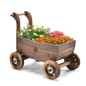 Carrito de flores de madera con ruedas, asa y orificio de drenaje, marrón