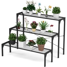 Porta Plantas de Metal 3 Niveles Estante para Flores Organizador Repisas de Listones para Patio Balcón 86,4 x 65 x 66 cm Negro