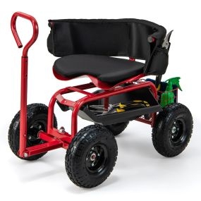 Carrito de Jardinería Rodante con Asiento Giratorio Mango Extensible para Exteriores 90 x 61 x 60-69 cm Rojo y Negro