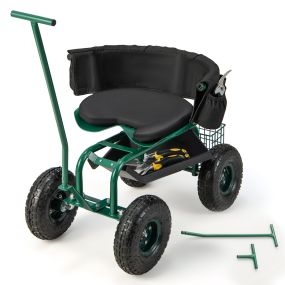 Carrito de Jardín con Asiento de Trabajo Ajustable en Altura Asiento Giratorio 360° Cojín 2 Asas de Dirección Bandeja de Herramientas Verde