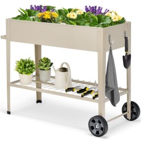 Cama de jardín elevada con patas y ruedas 95 x 40 x 80 cm blanco
