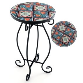 Mesa Auxiliar de Exterior Mosaico con Tapa de Azulejos de Cerámica Soporte para Plantas Pequeña Mesa de Acento para Balcón y Jardín Negro